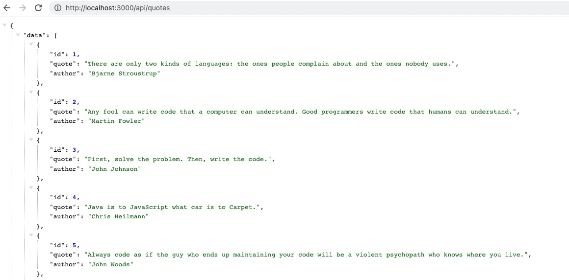 The output of the Quotes API built using Express.js with TypeScript